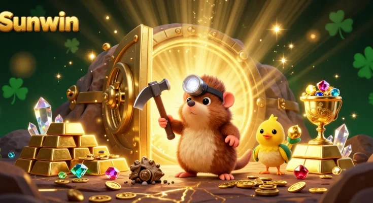 Experience the thrilling world of Sunwin with a treasure hunter mole discovering gold and gems in this vibrant casino scene.