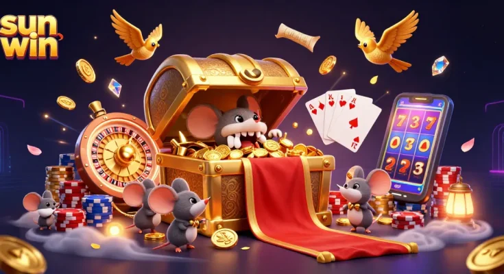 Win big at sun win with adventurer mice discovering treasures and casino elements in a vibrant 3D setting.