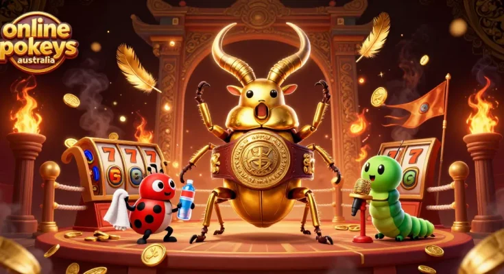 Engage in epic fun with online pokies Australia featuring vibrant characters battling in a dynamic casino arena.