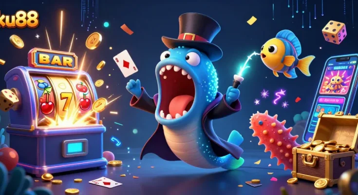 ku88 showcases a vibrant underwater casino scene featuring unique characters and thrilling game elements.