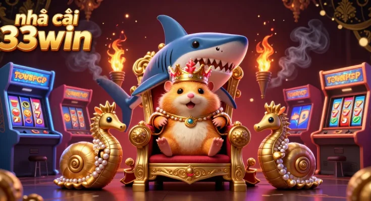Engage with the vibrant world of nhà cái 33win through this immersive 3D casino illustration featuring a golden hamster king.