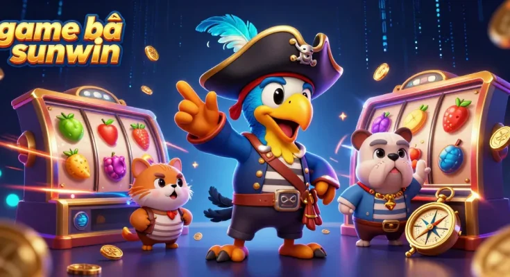 Exciting game bài sunwin scene featuring dynamic slot reels and vibrant casino characters.