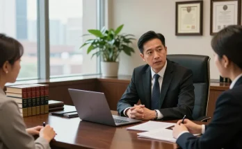 Legal consultation with a lawyer discussing the client's case in a professional law office.