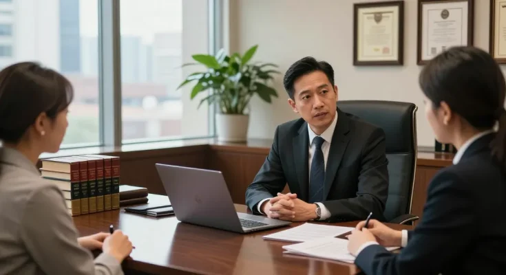 Legal consultation with a lawyer discussing the client's case in a professional law office.