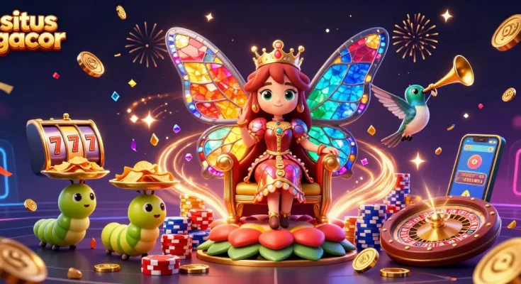 Experience the thrill of situs gacor with a vibrant 3D casino scene featuring a butterfly queen and casino elements.