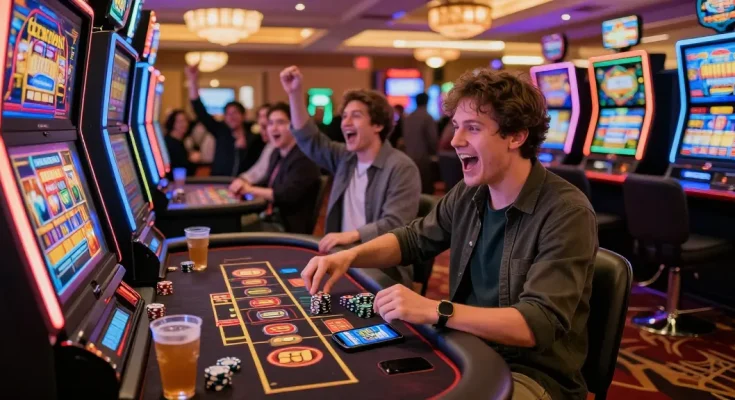 Excited player celebrating a win at the slot gacor table in a vibrant casino, colorful machines and warm lighting create an engaging atmosphere.