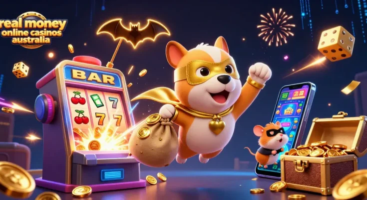 Experience the thrill of real money online casinos Australia with this vibrant 3D casino illustration.