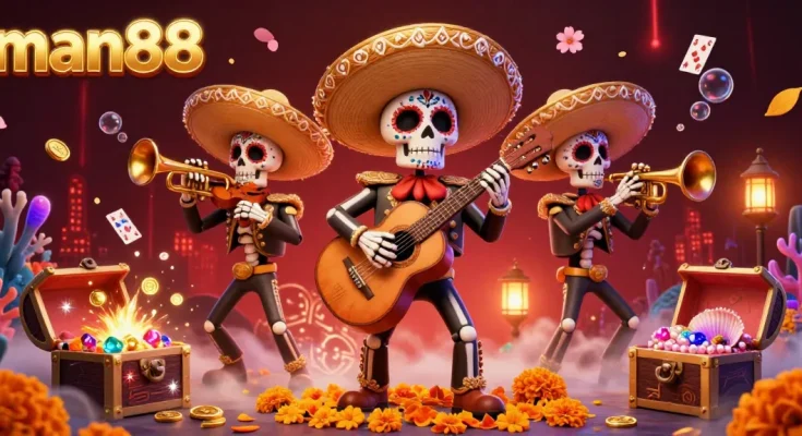 Experience man88 with vibrant Dia de los Muertos mariachi band surrounded by gold and gems.