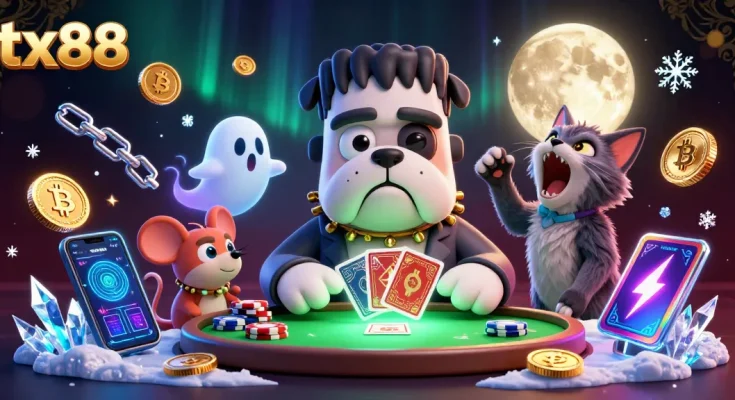 Join the thrilling action at tx88 with our vibrant casino illustration featuring characters and crypto elements.