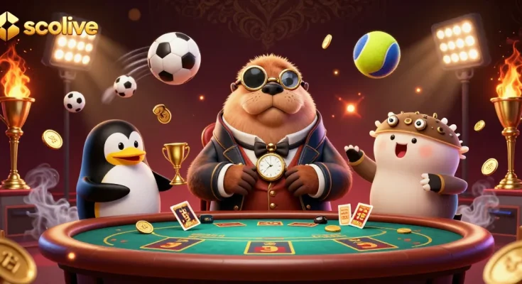 Experience the thrill of socolive with a jovial walrus and dynamic game elements at a high-stakes poker scene.
